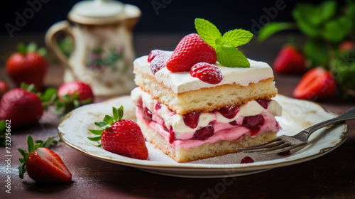 illustration of a strawberry cake with cream on a plate with strawberries on it