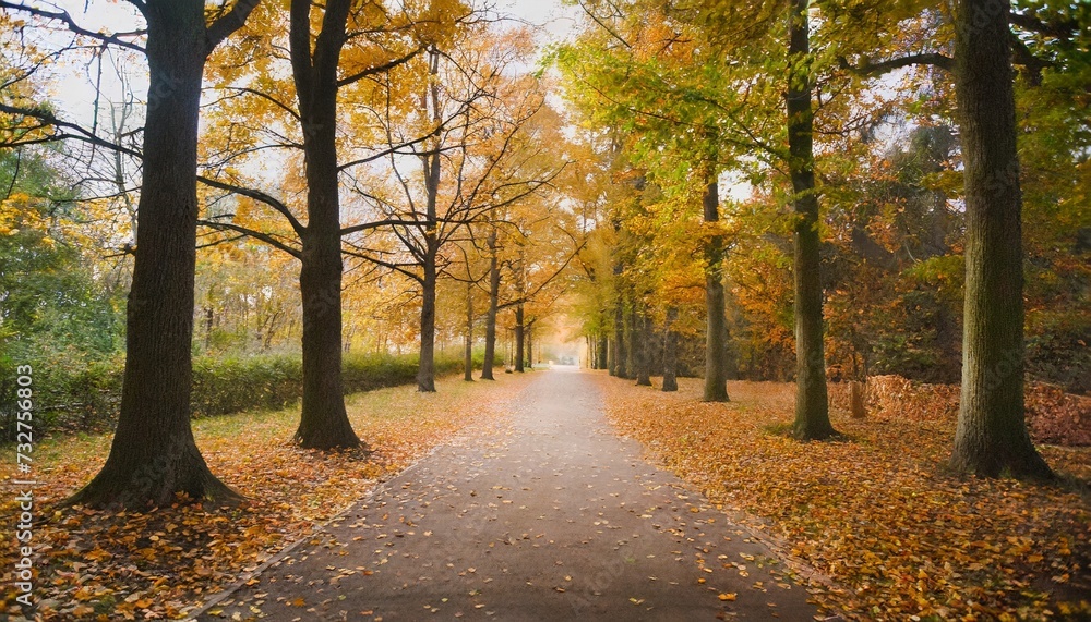 autumn alley with beautiful golden colors and leaves foliage generative ai