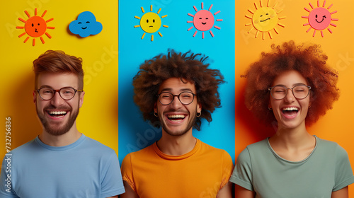 Three happy individuals in cool eyewear laughing against yellow background photo