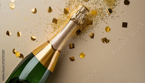 bottle of champagne with gold glitter and confetti on beige background flat lay hilarious celebration