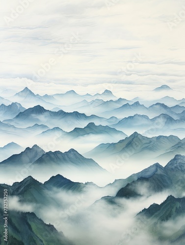 Mystical Mist: Panoramic Landscape Print of Cloud-Wrapped Mountain Peaks