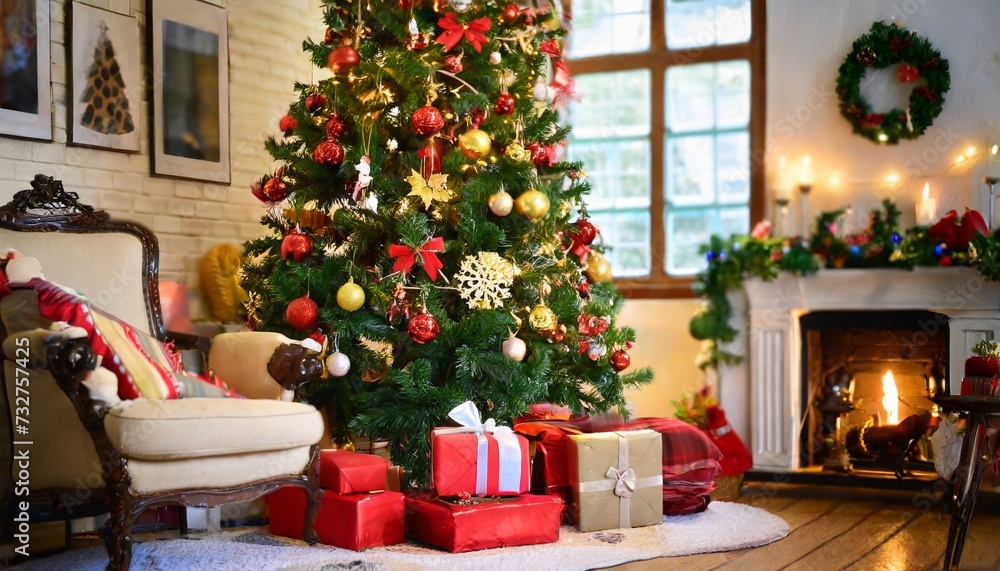christmas tree in living room with gifts and decorations