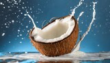 cracked coconut with splashes of milk on blue background