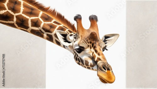 giraffe with long head look upside down on white photo
