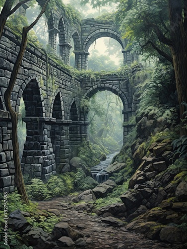 Panoramic Landscape Print  Old World Cobblestone Bridges   Nature Artwork