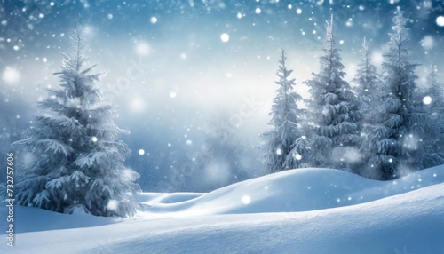 beautiful landscape with snow covered fir trees and snowdrifts merry christmas and happy new year greeting background with copy space winter fairytale © Alexander