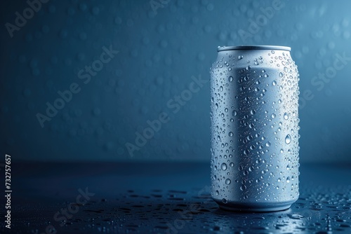 White Aluminum Can With Cold Water Droplets Isolated on Dark Blue Background, 3d rendering. Empty Space. Copy Space