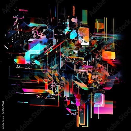 Brightly colored abstract painting of geometric figures and angles against a black background. From the series    Arcs Circles Grids    Cosmic Living. 