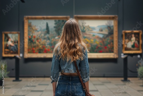 A woman in an art gallery looks at paintings. Background with selective focus and copy space