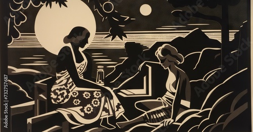Black-and-white interwar block print of two women sitting at seaside at night under a full moon. From the series “Golden Age," "Tropicana."
