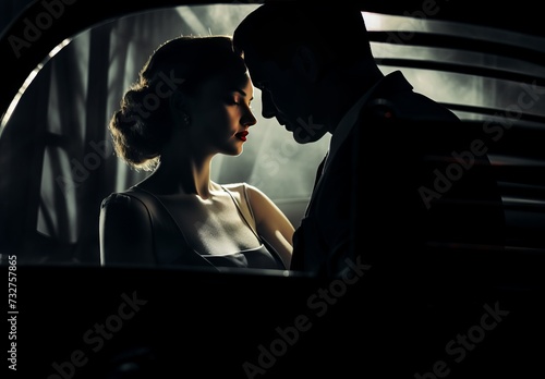 Emotionally charged color photograph of a man and a woman in a car by a dark building, film noir style with dramatic light and shadow. From the series "Art Film - Color," “The Lovely Ladies."
