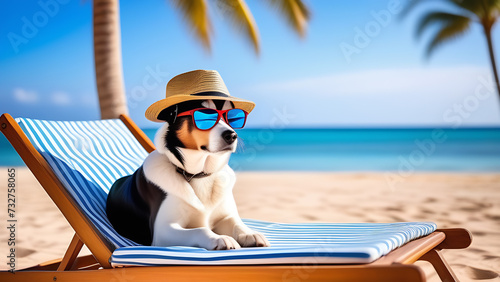 Banner. Dog in hat and sunglasseschair on tropical beach. summer vacation concept © Svetlana