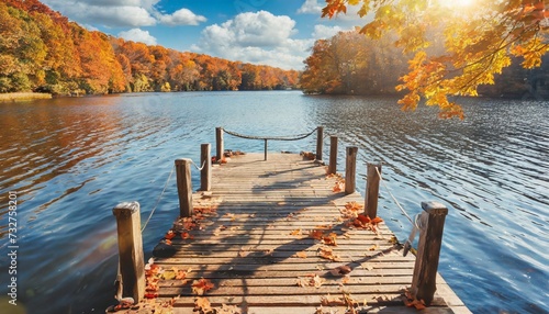 wooden dock on autumn lake