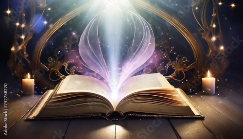 mystic magic book open pages with mystery light