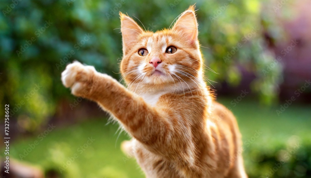 ginger cat stretches out his paw