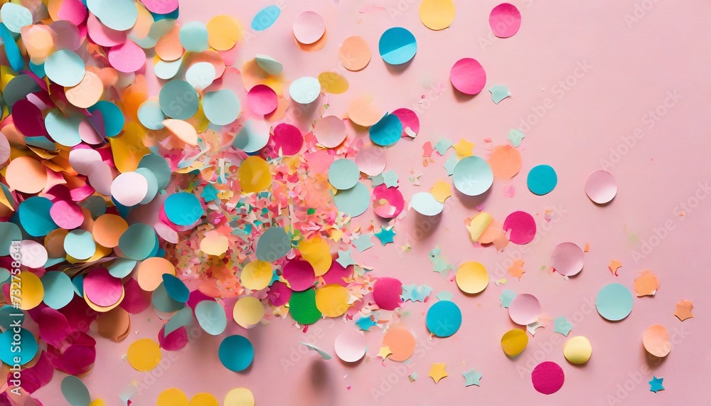 colorful paper confetti exploding on pastel pink background