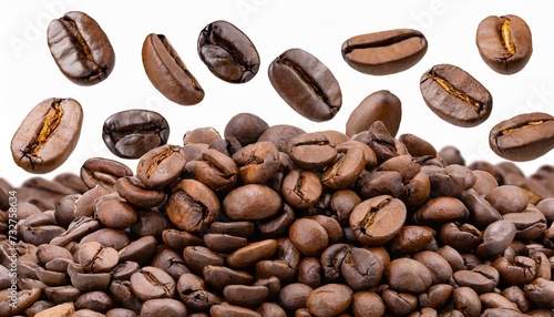 falling coffee beans on white background clipping path full depth of field