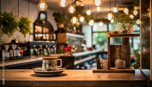 this stunning coffee shop photograph featuring a cozy shelf and table setup perfect for a cafe or restaurant decor the bokeh effect in the background adds a touch of magic to the scene