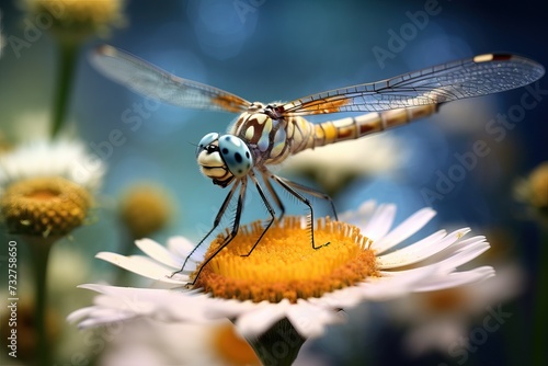 Blue Dragonfly on Chamomile: Macro Close-Up Photo