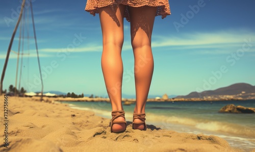 Legs of Woman in Mini Skirt on Seashore: Close-Up Photo photo