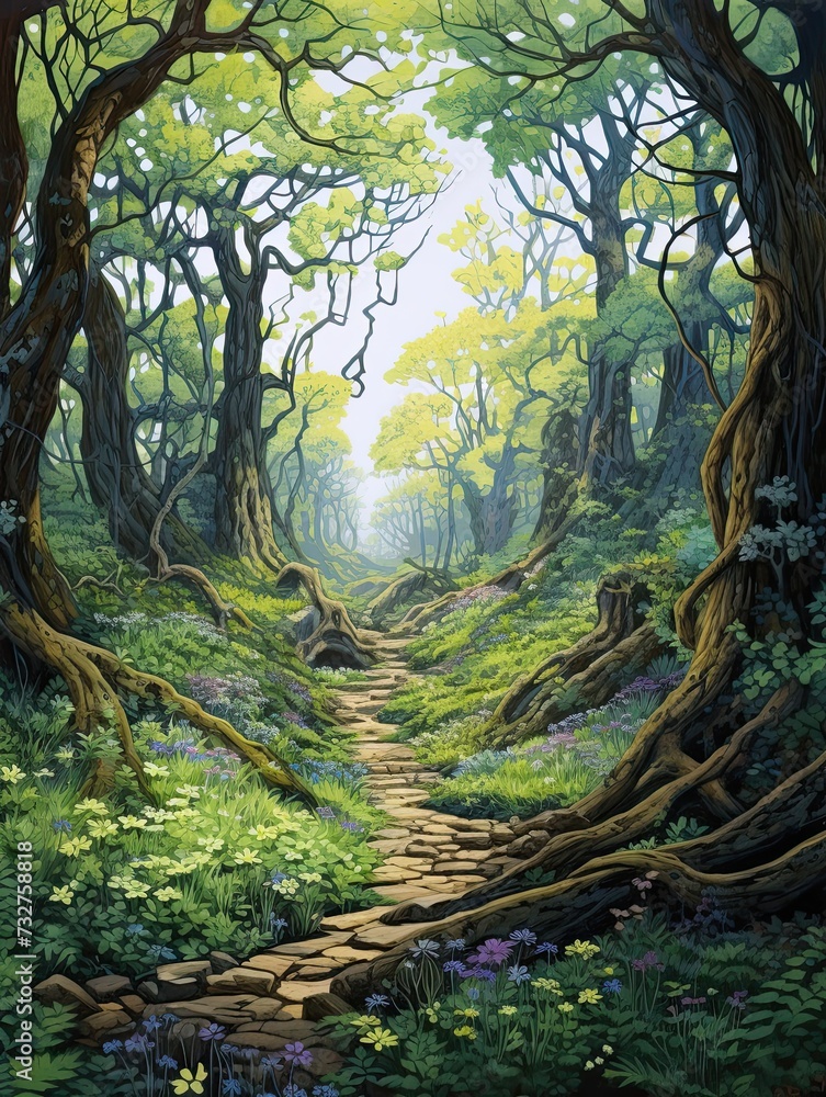 Fototapeta premium Sacred Groves Plateau: Tranquil Countryside Art Print Depicting a Nature Scene