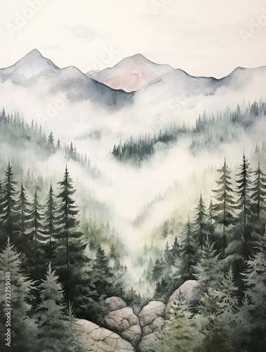 Plateau Art Print: Mist-Enveloped Mountain Peaks, Foggy Mountain Scene, Nature Art