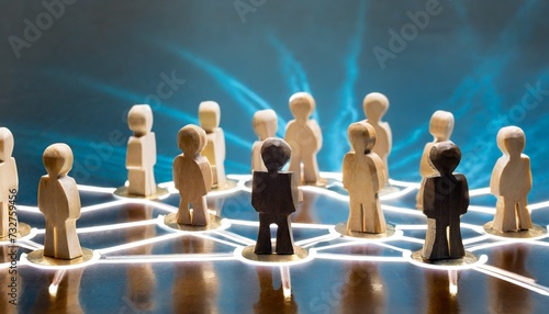 chain of people figurines connected by white lines cooperation and interaction between people and employees dissemination of information in society rumors communication social contacts