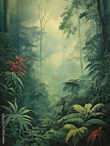 Misty Rainforest Canopy Print     Vintage Jungle Artwork