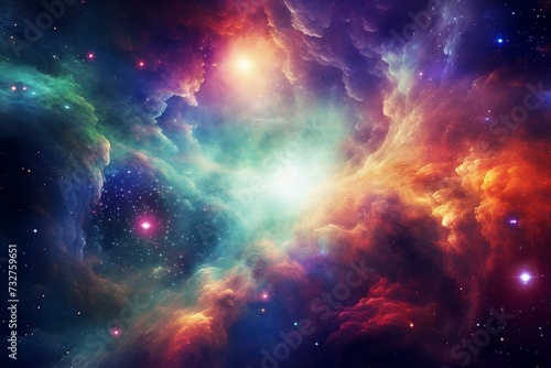 A lively artwork showing the universe filled with stars and colorful nebulae. Generative AI