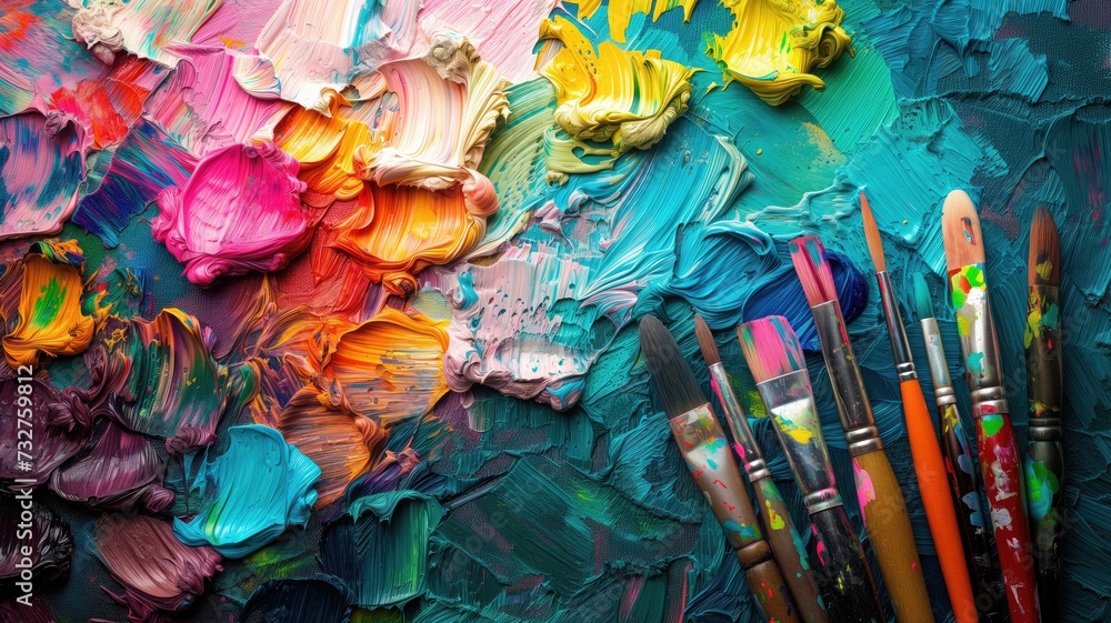 An array of colorful oil paints and brushes on a wooden palette, with splashes of paint and artistic tools
