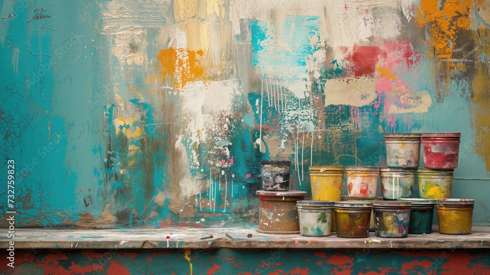 A colorful, textured wall with scattered paint cans, reflecting a vibrant, artistic workspace
