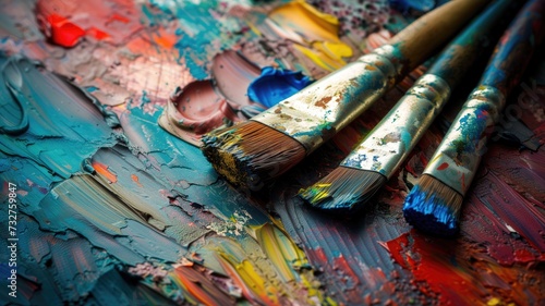 Close-up of vibrant oil paint on a palette with paintbrushes, showing a rich texture and a variety of colors photo