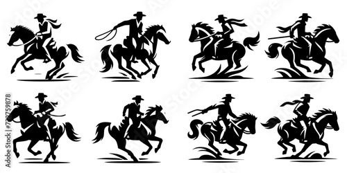 Eight vector images of a cowboy riding on a horse