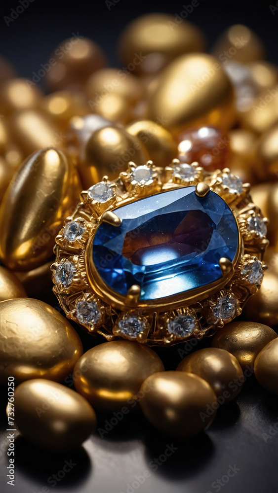 Close-up of gold nuggets mixed with precious stones. Selective focus. Success, business and store concept. Close-up of gold nuggets mixed with precious stones. Selective focus. Success, business and store concept.