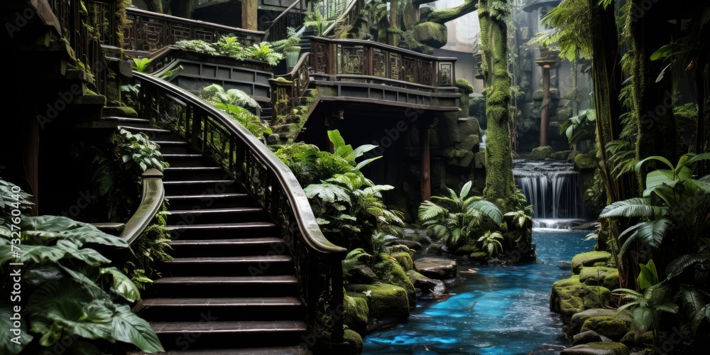 Staircase Ascending to Jungle Waterfall