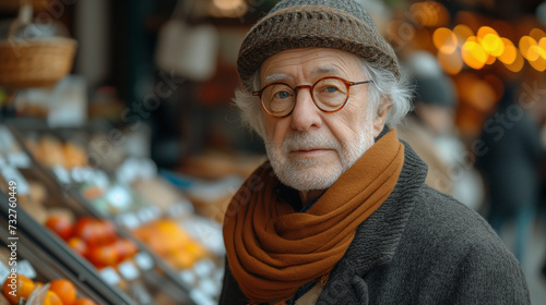 portrait of an elderly man in a store. A pensioner in a fruit store photo