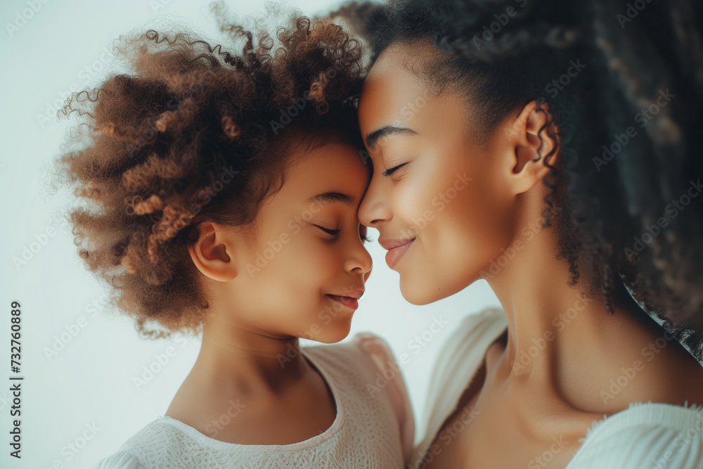 Affectionate African American mother and young daughter with curly hair touching foreheads lovingly. Affectionate African American mother and young daughter with curly hair touching foreheads lovingly.