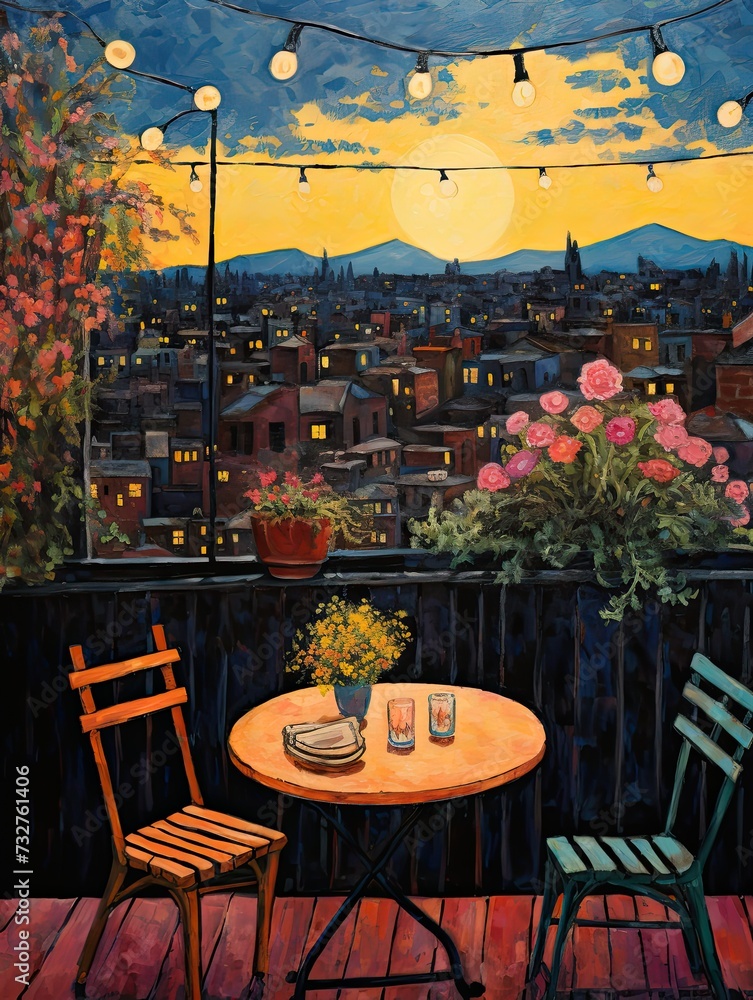 Romantic Rooftop Dinners: Vintage City Lights - Acrylic Landscape Art Print