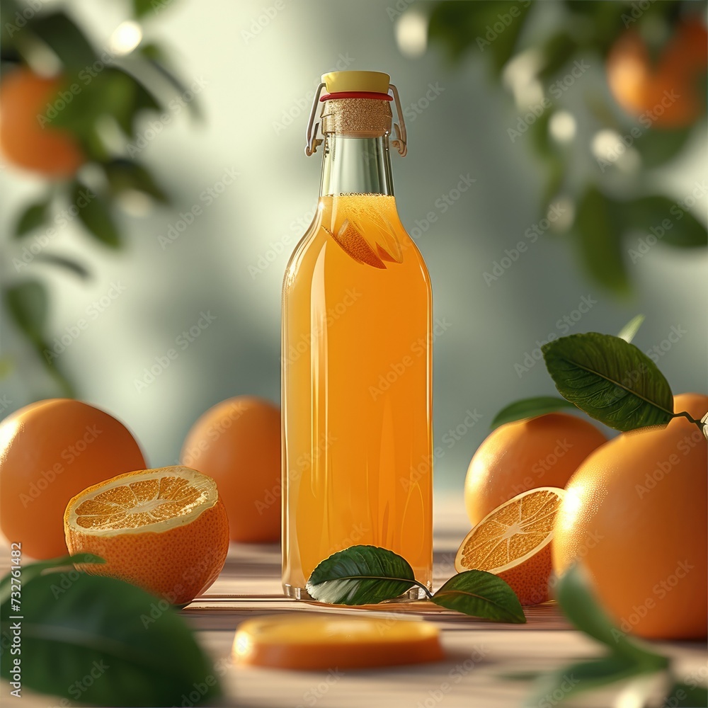 Clean simple transparent juice bottle, oranges and green leaves. Generative AI. Clean simple transparent juice bottle, oranges and green leaves. Generative AI.