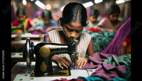 Young Indian girl working in the textile industry using a sewing machine .In garment factories, children perform diverse tasks such as dyeing, sewing buttons, cutting and trimming threads, folding 