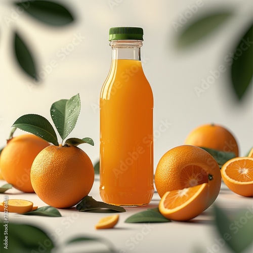 Clean simple transparent juice bottle, oranges and green leaves. Generative AI.