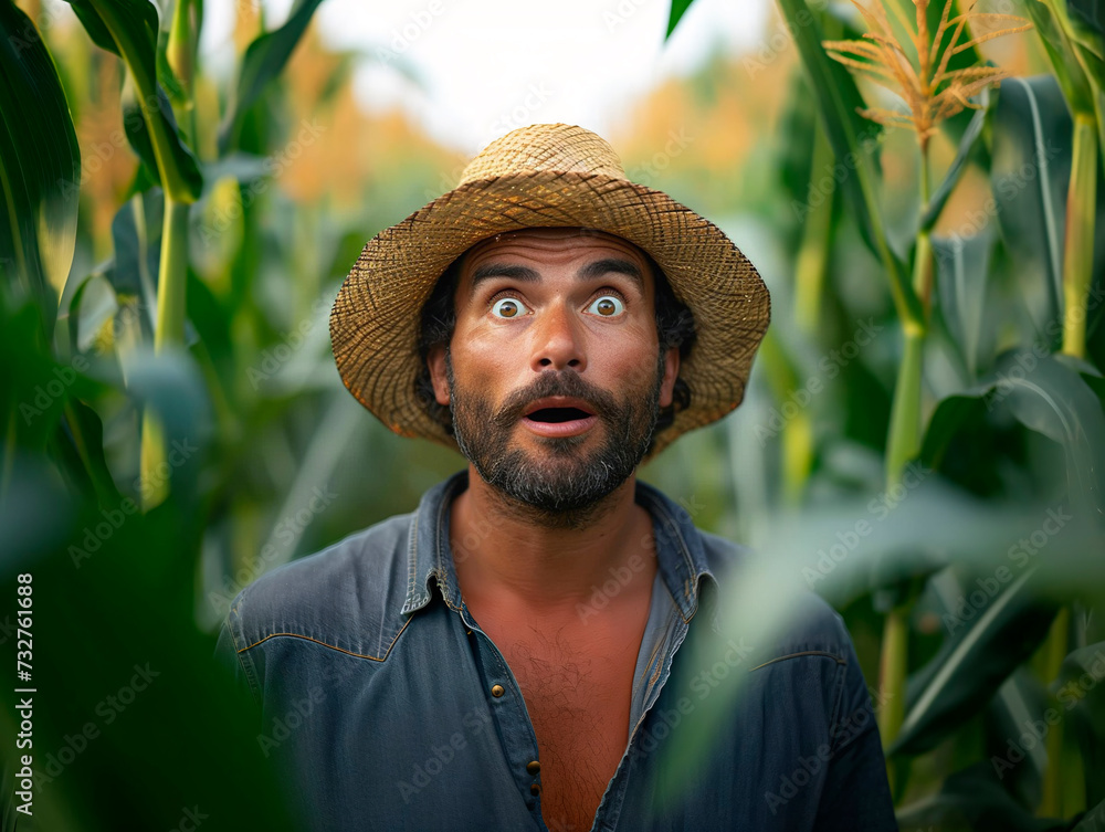 Surprised agronomist farmer in corn planting. Generative AI