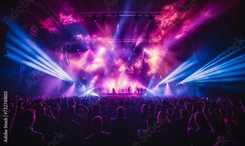 Energetic crowd enjoying a live concert with vibrant pink and blue stage lights at a music festival  capturing the essence of entertainment and nightlife