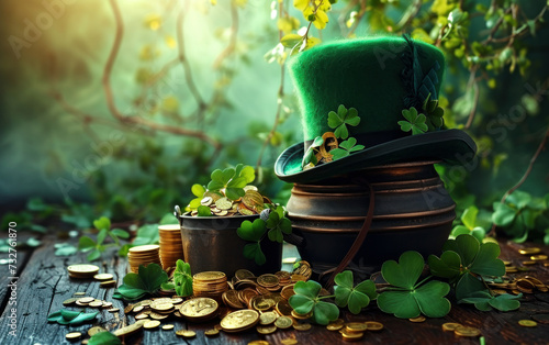 St Patrick's Day celebration still life with a vibrant green leprechaun hat, pot of gold, shamrocks, and golden coins, symbolizing luck and Irish tradition