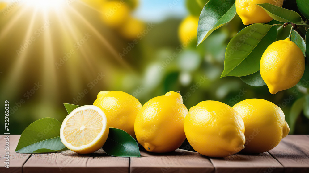 Lemons and lemons leaves on a wooden table on a blurred background of an lemon grove. Generated with AI