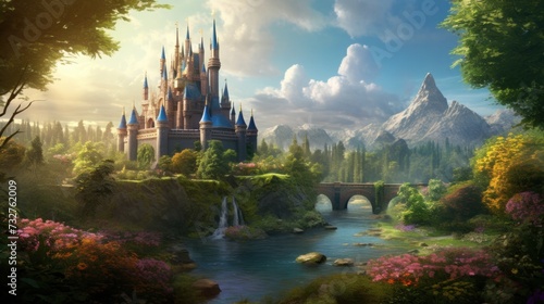 Enchanted castle in serene fantasy landscape with vibrant flora. Magical fairytale scenery.