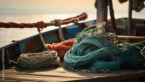 fishing gear and nets close-up on deck photo