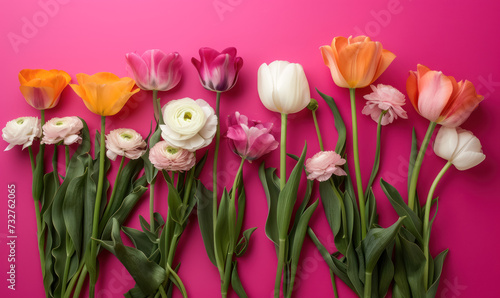 vibrant tulips and ranunculus bouquet on a bold pink background
