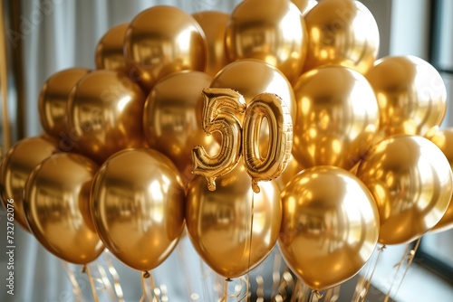 "50" gold helium foil balloons with a bunch of gold balloons. Generative AI.