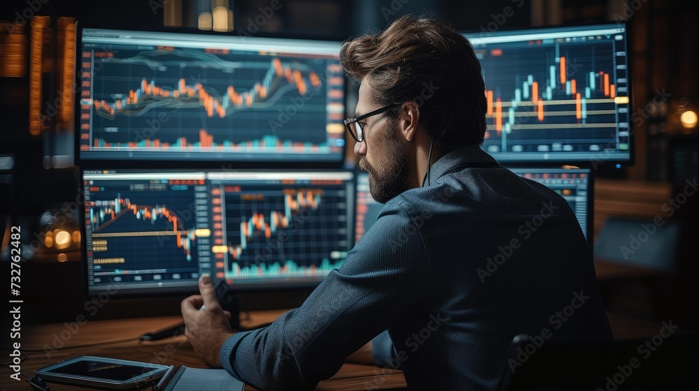 A trader making a trade in front of computer screens with trading chart, making professional analysis of candlestick chart. Generative AI. A trader making a trade in front of computer screens with trading chart, making professional analysis of candlestick chart. Generative AI.